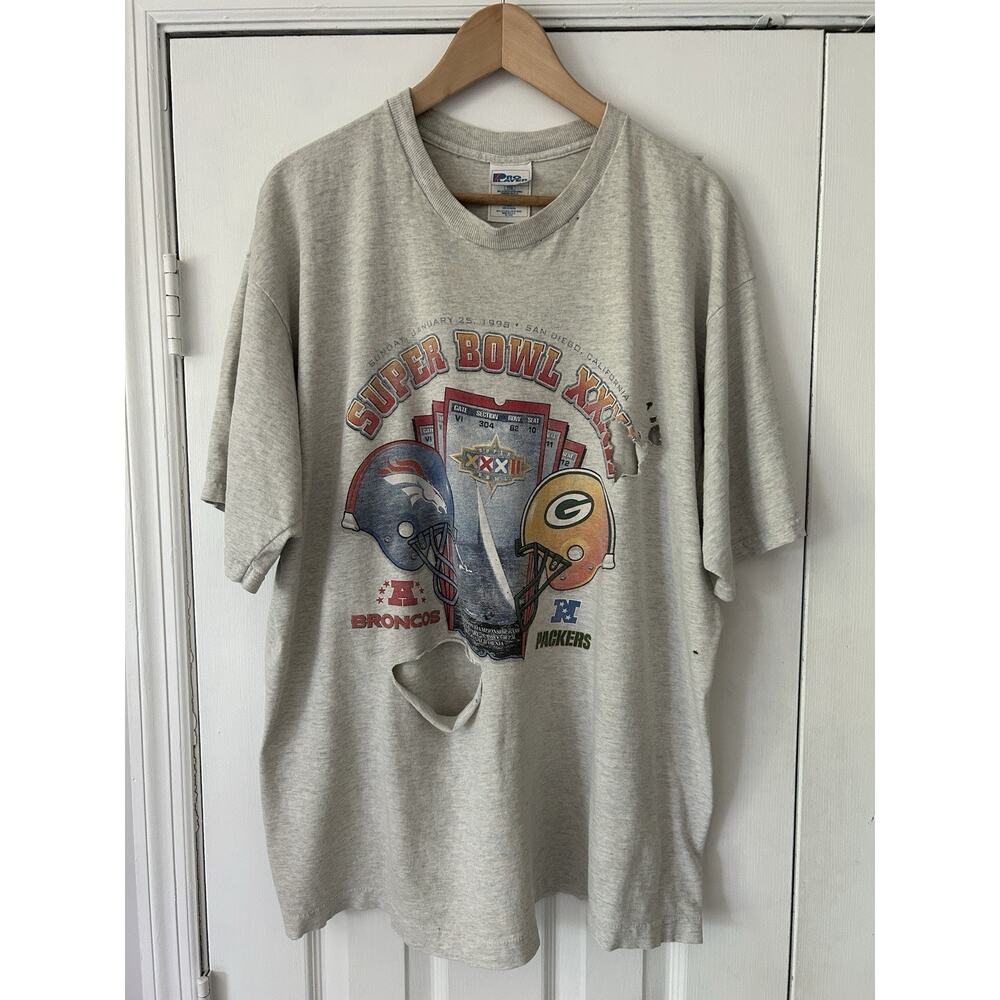 Vintage Pro Player Super Bowl Packers Broncos 1998 Thrashed Grey T Shirt XXL